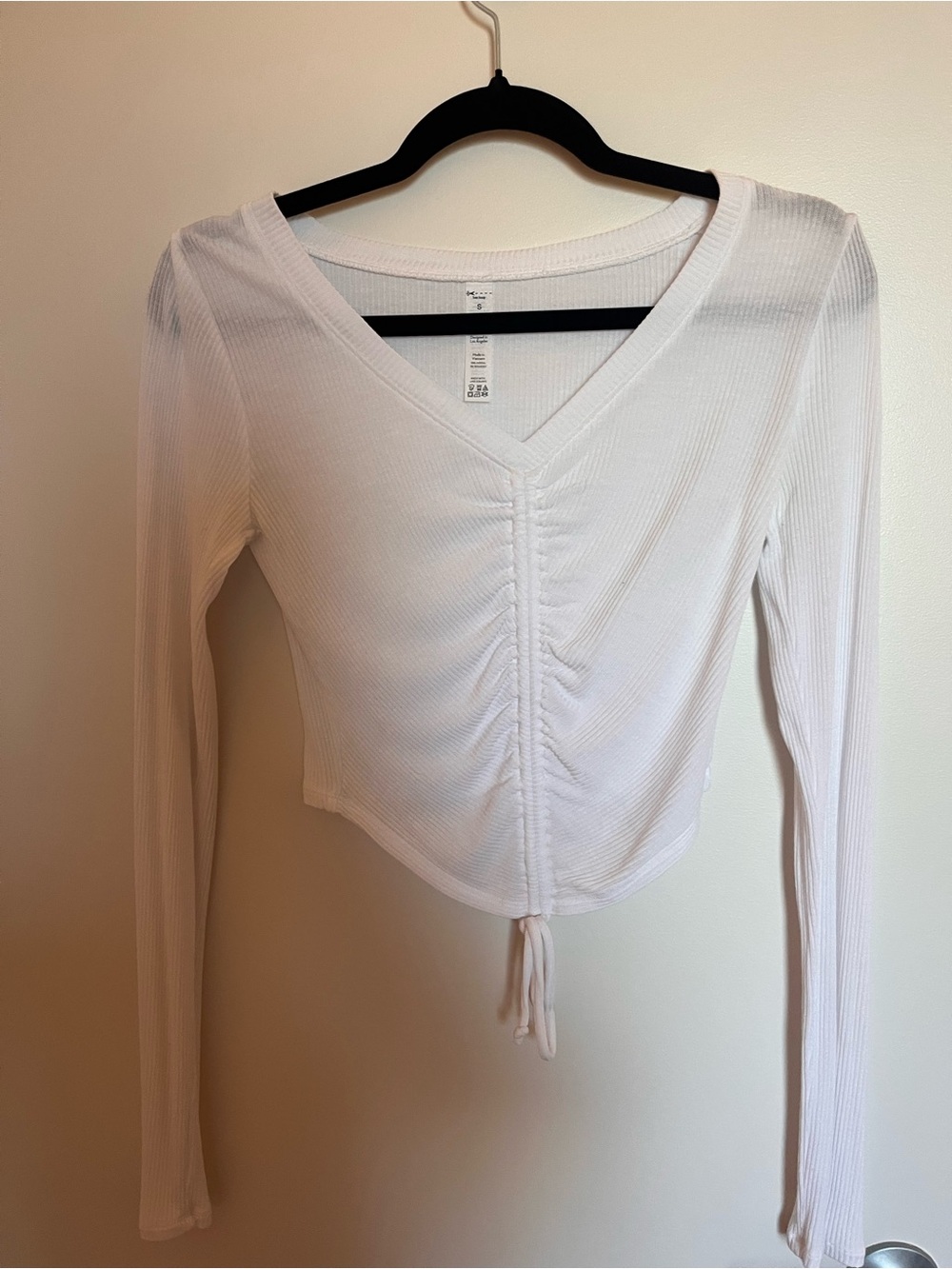 Alo yoga White Ribbed V-Neck Drawstring Long Sleeve Crop Top